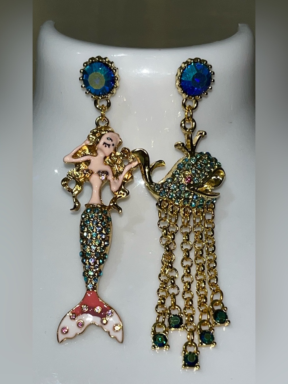 Whimsical Multicolor Crystal Mermaid & Whale Nautical Earrings NEW